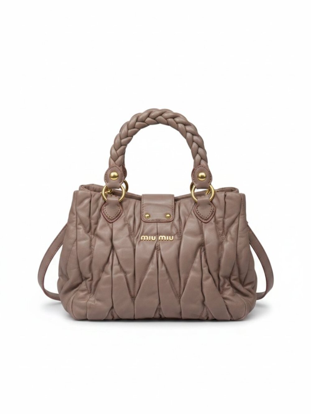 MIU MIU Matelasse Lux Satchel Cammeo Taupe Braided Handle Gold Turn Lock Lambski
